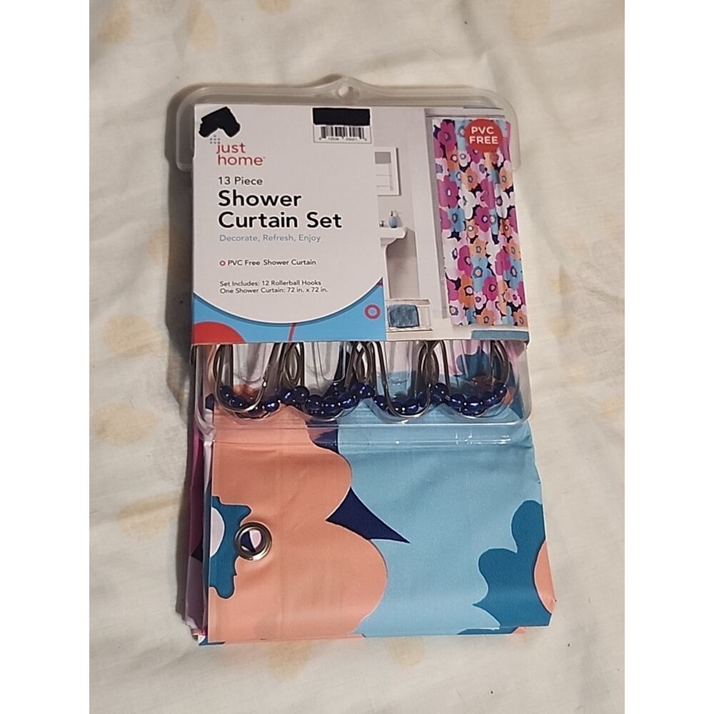 Just Home PVC Shower Curtain Set 13 pc Floral Multicolor Rollerball Hooks 72"x72